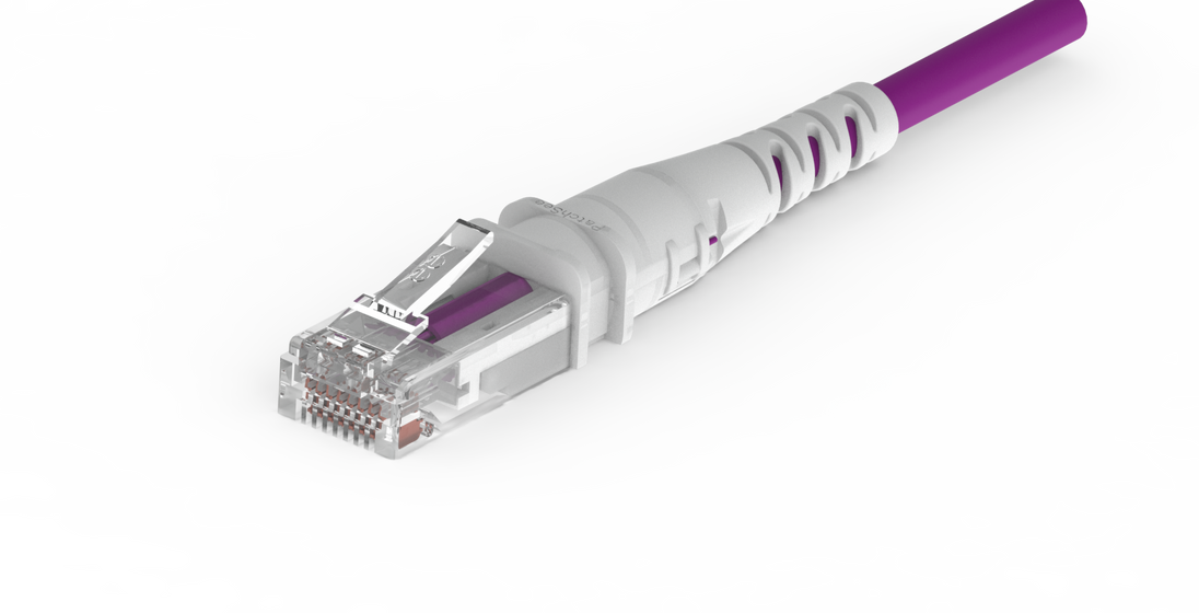 Zoomed boot of the ThinPatch Violet Red RJ45 cable from PatchSee